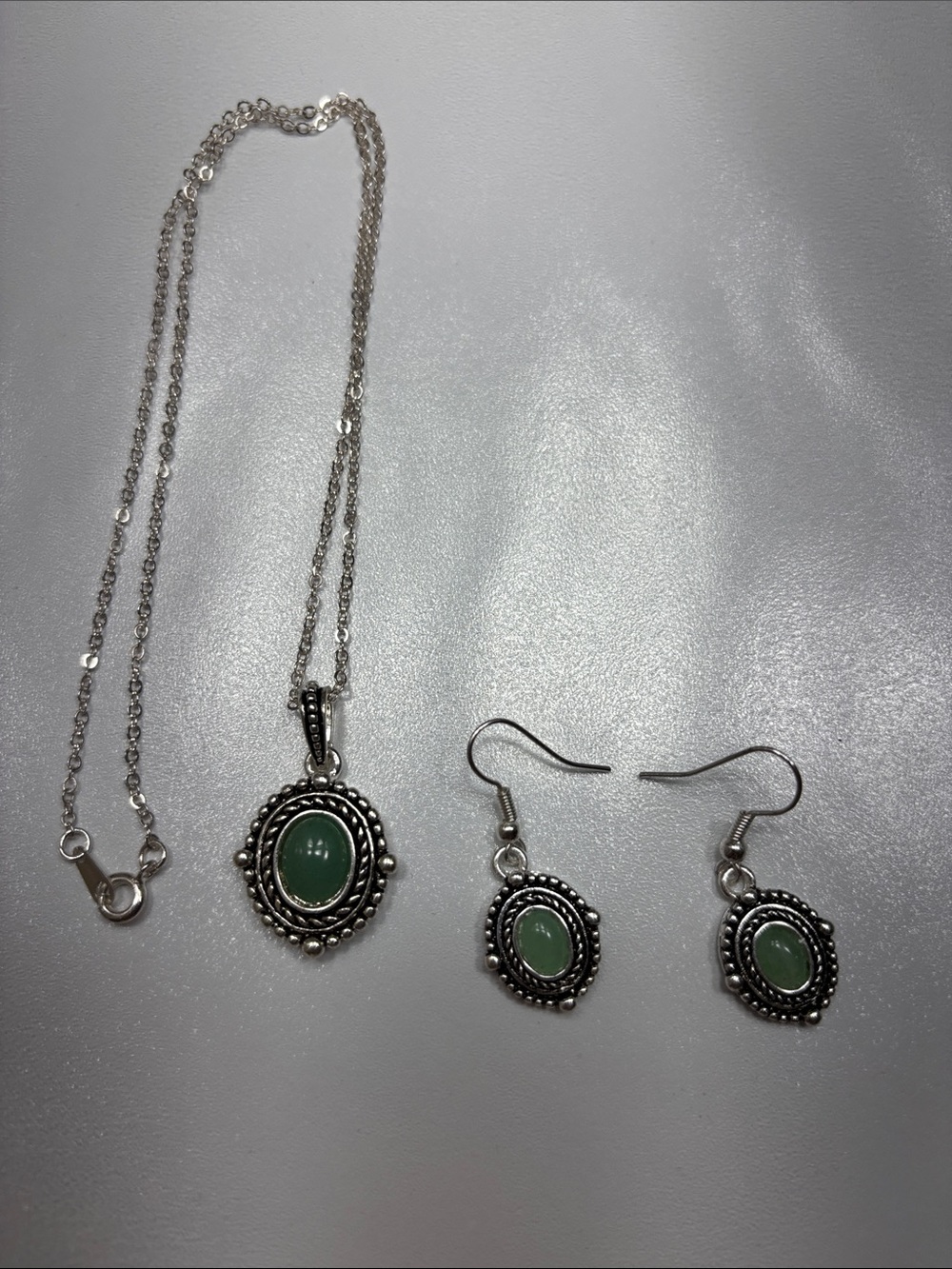 Silver-Tone Necklace & Earring Set with Green Stone — Women Jewelry